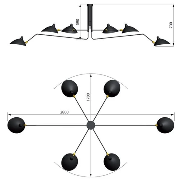 Serge Mouille Plafonnier 6 Ceiling Light Black & Brass 4 Serge Mouille Plafonnier 6 Ceiling Light Black & Brass - Image 2
